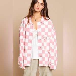 Pink & White Checkered Jean Jacket Size M